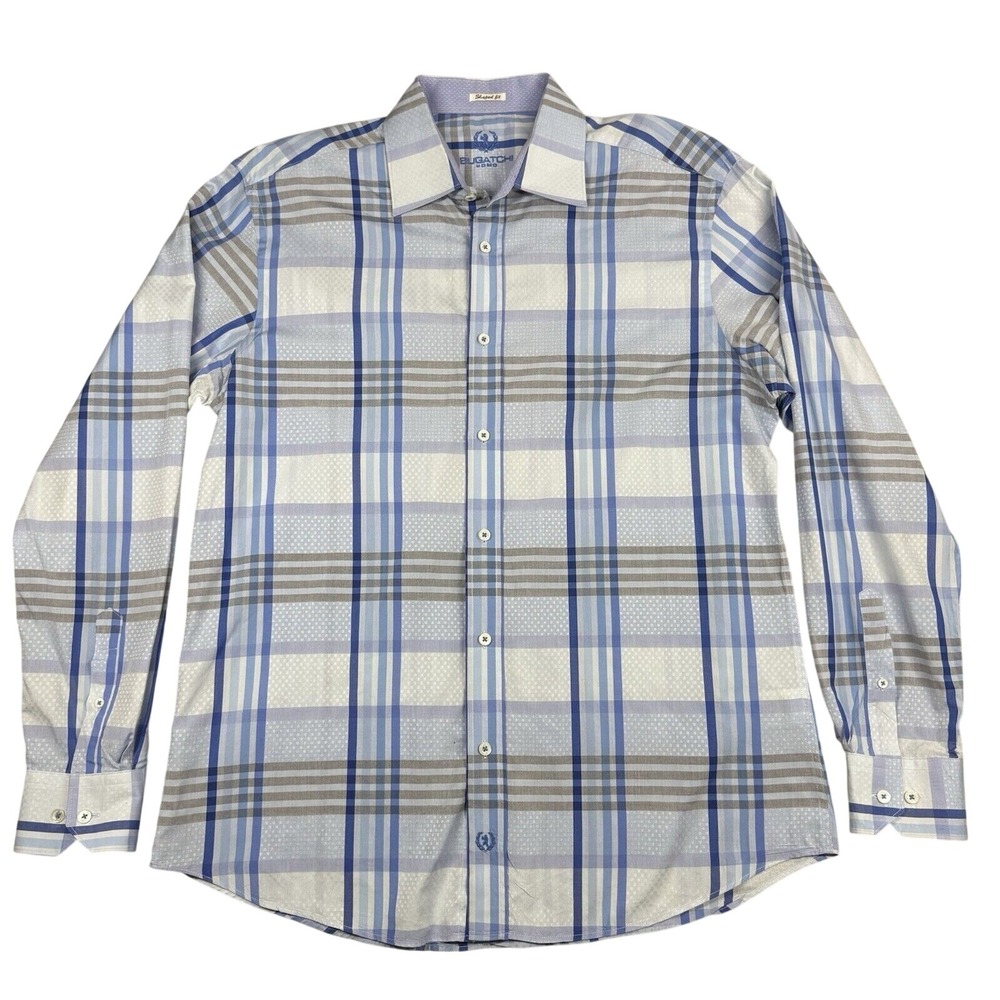 Bugatchi Uomo Shirt Men Large Blue Plaid Shaped Fit Button Up Cotton Long Sleeve
